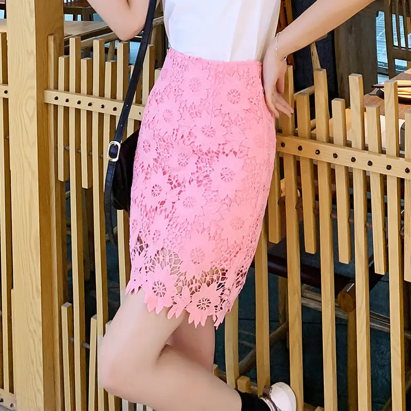 Женская кружевная юбка MUMUZI розовая с высокой талией и цветочным принтом весна