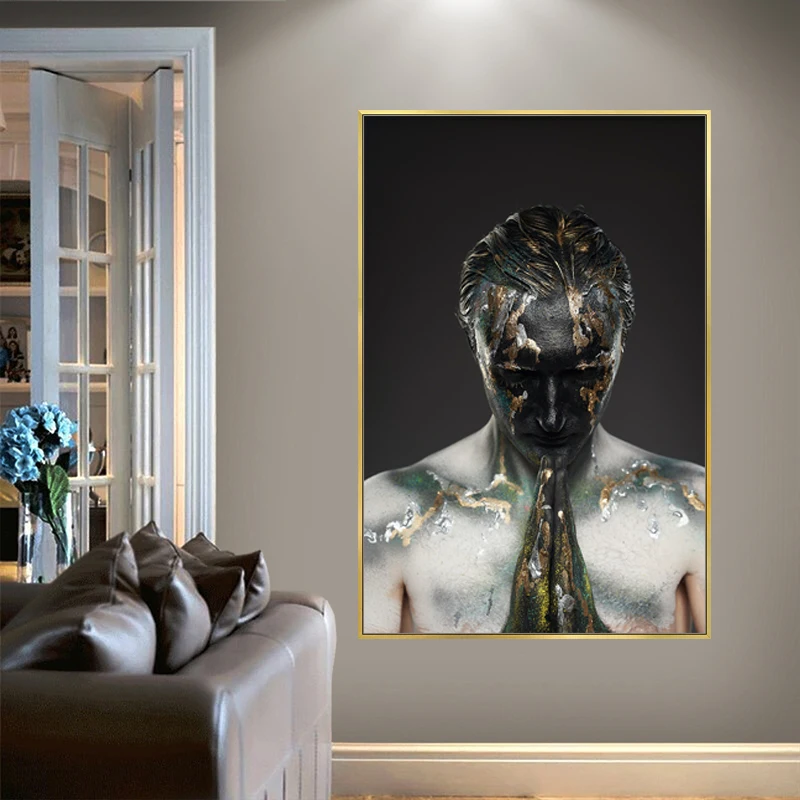 

African Art Black and Gold man Oil Painting on Canvas Cuadros Posters and Prints Scandinavian Wall Art Picture for Living Room