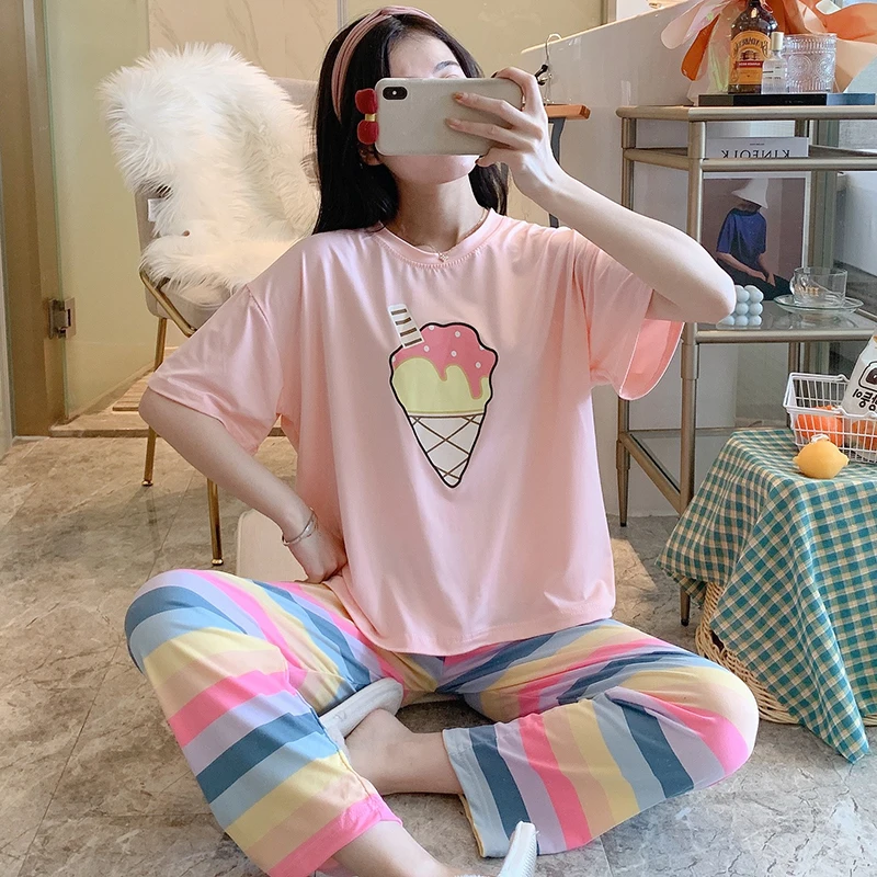 Sleepwear Sets for Women Lovely Pattern Pajamas Set Thin Cotton Short Sleeve Pant Home Wear Lazy Style Lady Underwear Pijamas | Женская