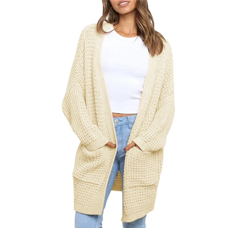 

Women's Solid Color Knitted Cardigan Long Bat Sleeve Oversized Sweater Autumn Winter Thick Bohemian Knitted Coat With Pocket