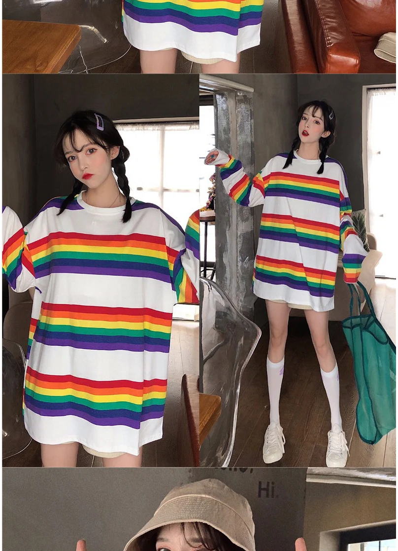 Женская футболка SAutumn Топы в Корейском стиле Ulzzang Harajuku Радужная полосатая футболка для женщин футболка с длинными рукавами женская повседневная одежда