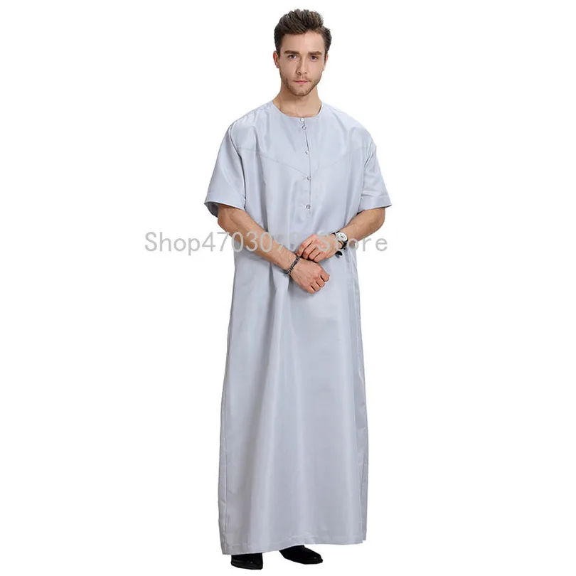 Arabic Abaya Muslim Dubai Kaftan Short Sleeve Adult Pakistan Men Solid O Neck White Gray Clothing Saudi Arab Male