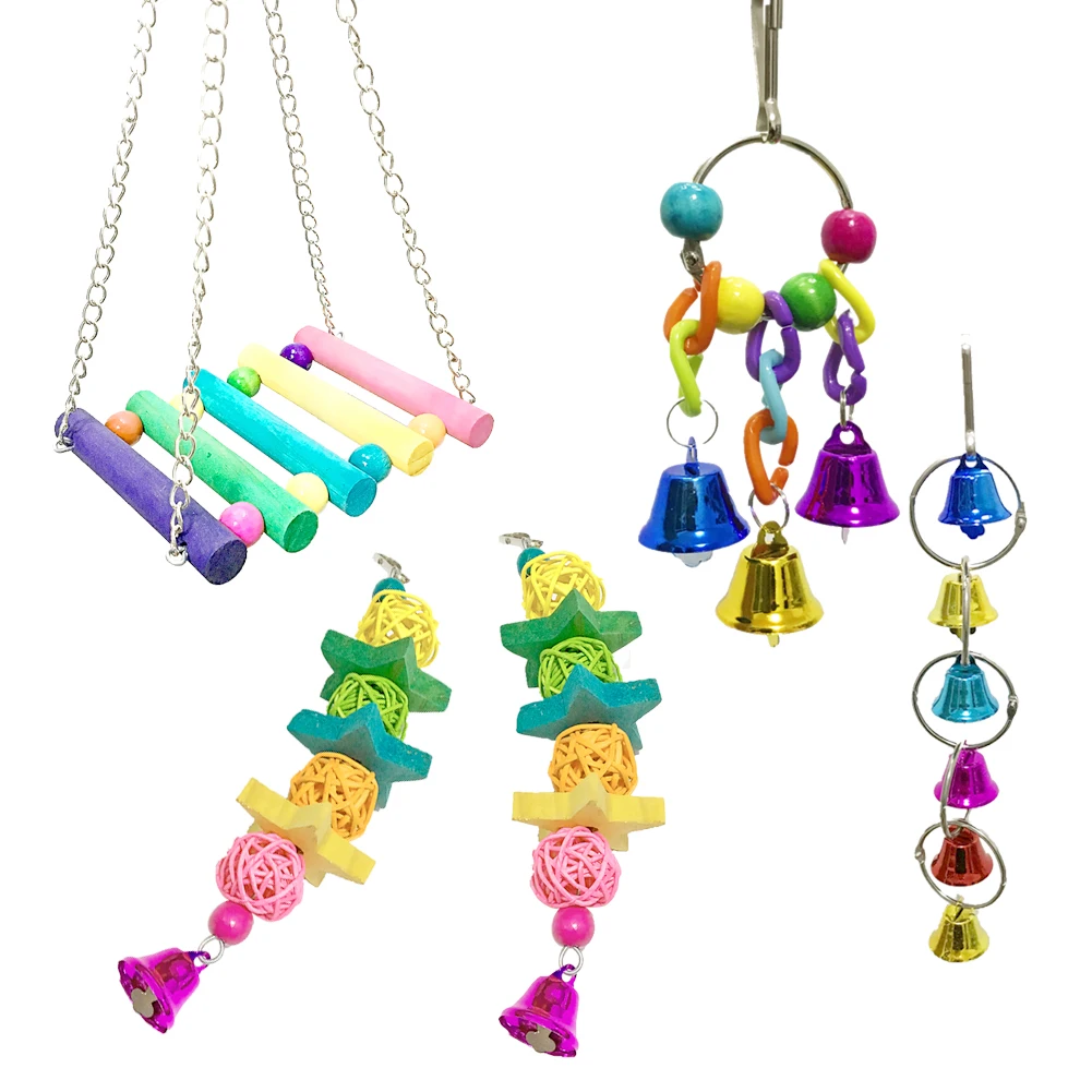 

5Pcs/set Pet Bird Toys Parrot Toys Set DIY Cage Hanging Pendant Swing Rattan Bell Bite Toys Intelligence Bird Training Accessory