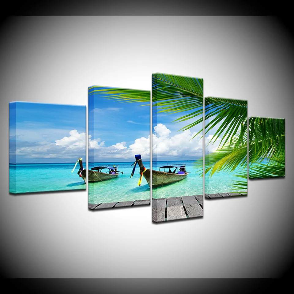 

5 Pieces Canvas Prints Beach blue palm trees Painting Wall Art Anime Home Decor Panels Poster Modular Pictures For Living Room