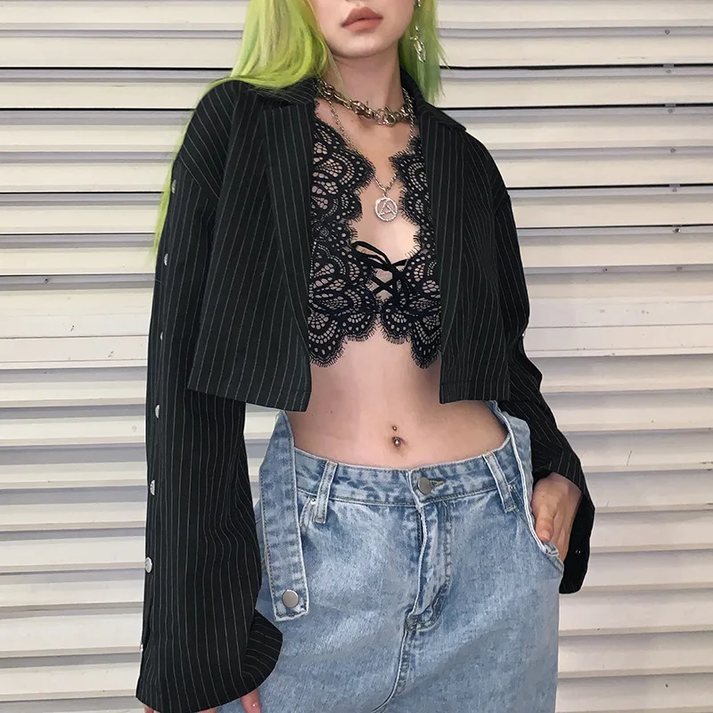 Офисные женские черные полосатые куртки блейзеры для женщин осень 2019 модные