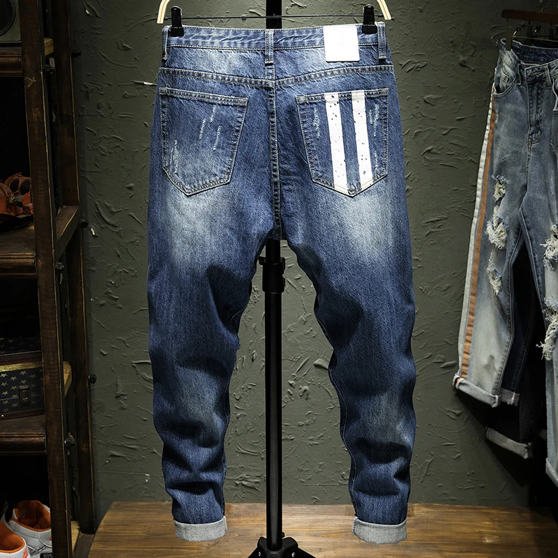 Новые мужские Синие рваные байкерские джинсы стрейч деним дизайнерские модные