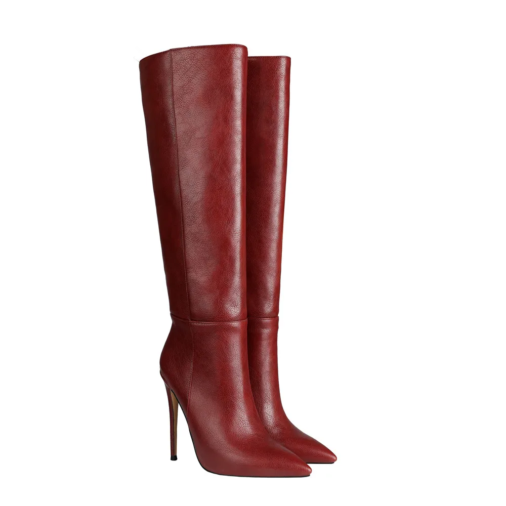 

Aiyoway Brand Designed Women High Thin Heel Knee Boots Pointed Toe Night Club Prom Big Size Shoe 34-45 Black Wine Red