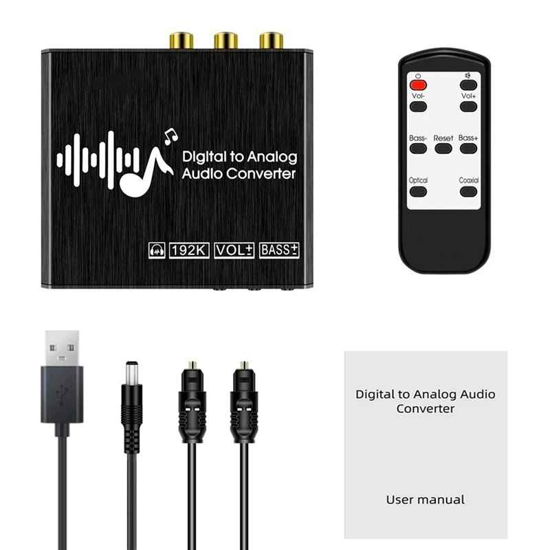 

192kHz Digital to Analog Audio Converter Bass&Volume Remote Control 3.5mm headphone jack DAC Converter with Optical Cable
