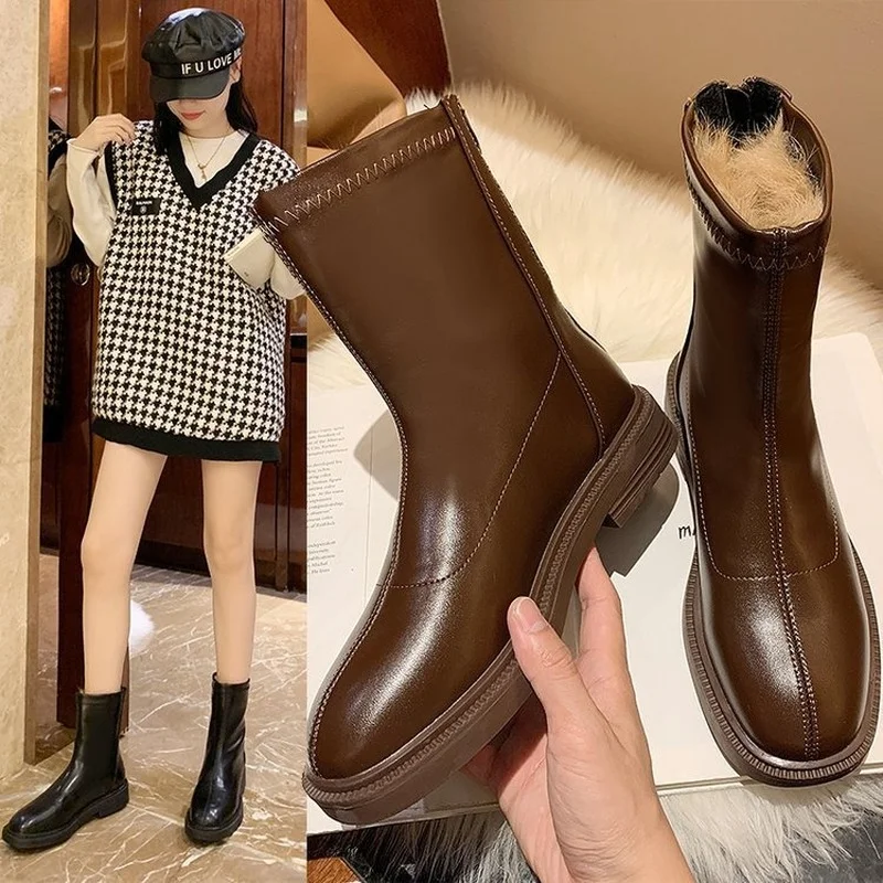 

2021 Brand Runway Women Ankle PVC Rainboots Chunky Heel Height Increasing Short Boots Thick Sole Motorcycle Boots For Women