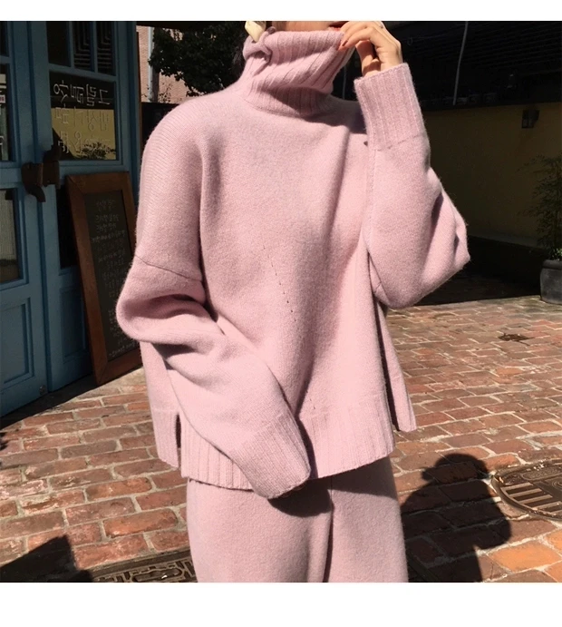 New arrival Autumn winter Knitted Tracksuit Turtleneck Sweatshirts for Women Suit Clothing 2 Pcs Set Knit top Pants suit Female