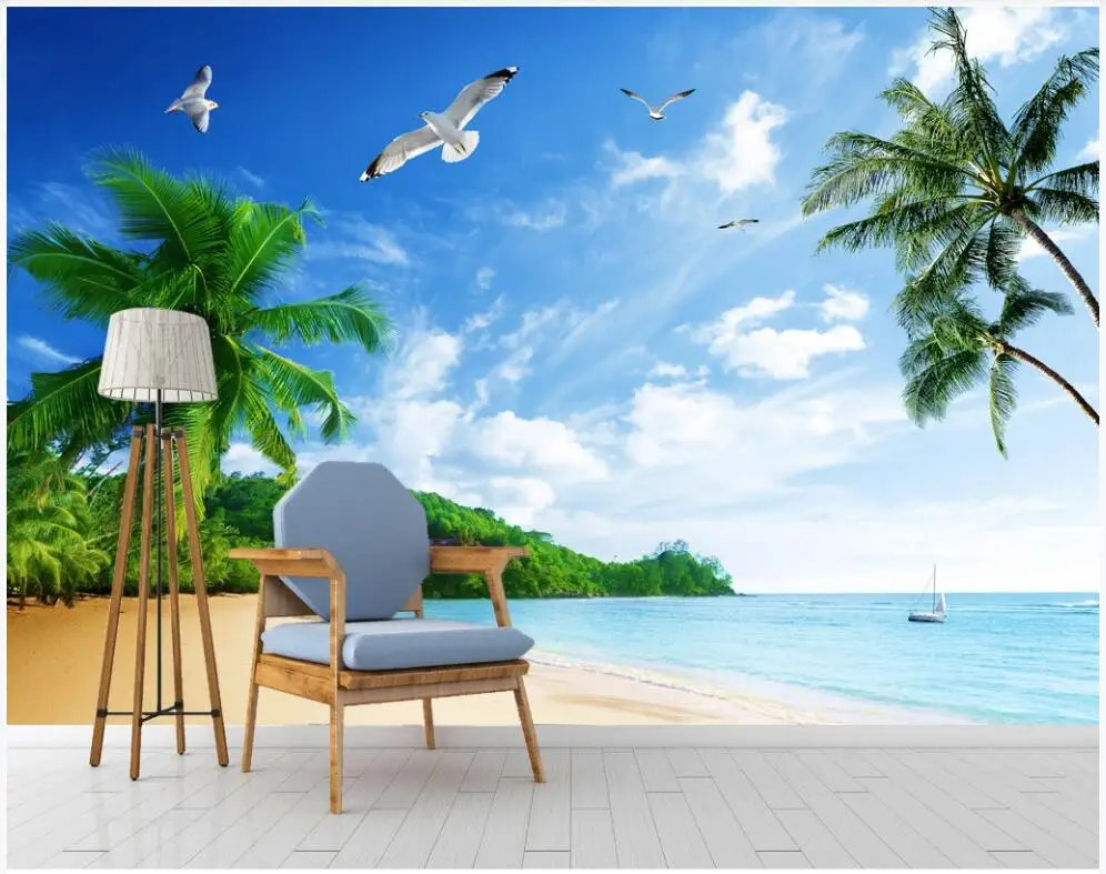 

3d wallpaper custom photo Seaside coconut tree seagull beach scenery background home decor living room wallpaper for walls 3 d