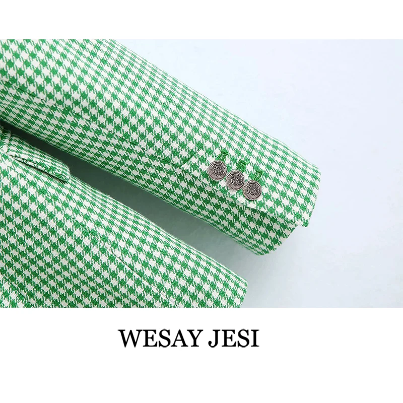

WESAY JESI Blazer Office Wear Women Fashion Double Breasted Green Pink Plaid Long Sleeve Pockets Jacket Coat Female Outerwear