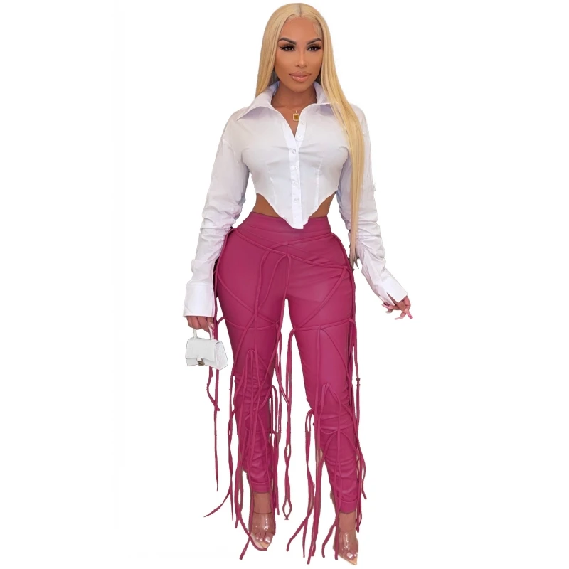 

Two Piece Sets Long Sleeve Shirts And Sexy Tassel Pants Suits Sets Single Breasted Outfits Autumn Solid Casual Tracksuits