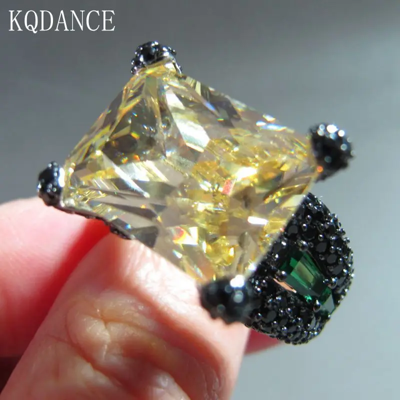 

925 sterling Silver with Big stone Created Moissanite Black Diamond Yellow Citrine Gemstone Emerald Cut Ring For Women
