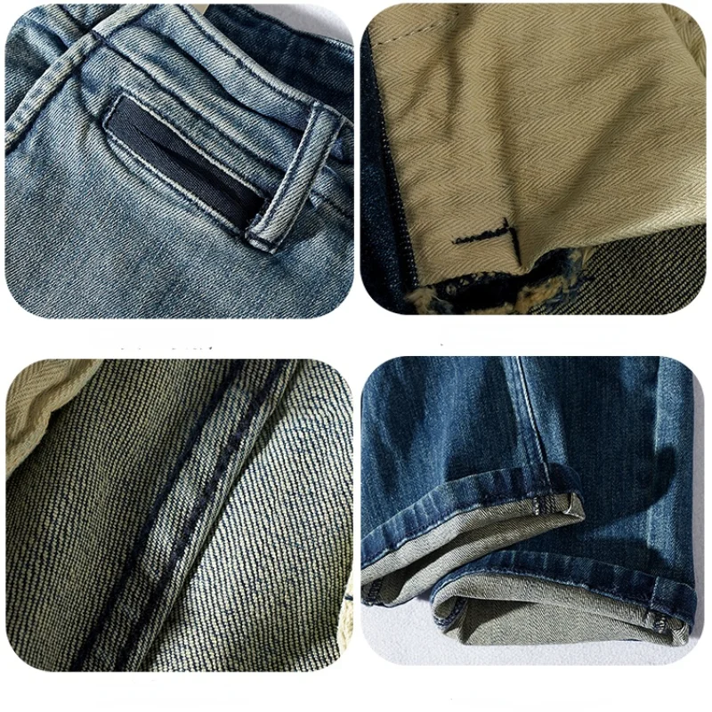 Vintage Jeans Men 's Straight Autumn and Winter Thickened Pants Men 's Distressed Stretch Denim Trousers