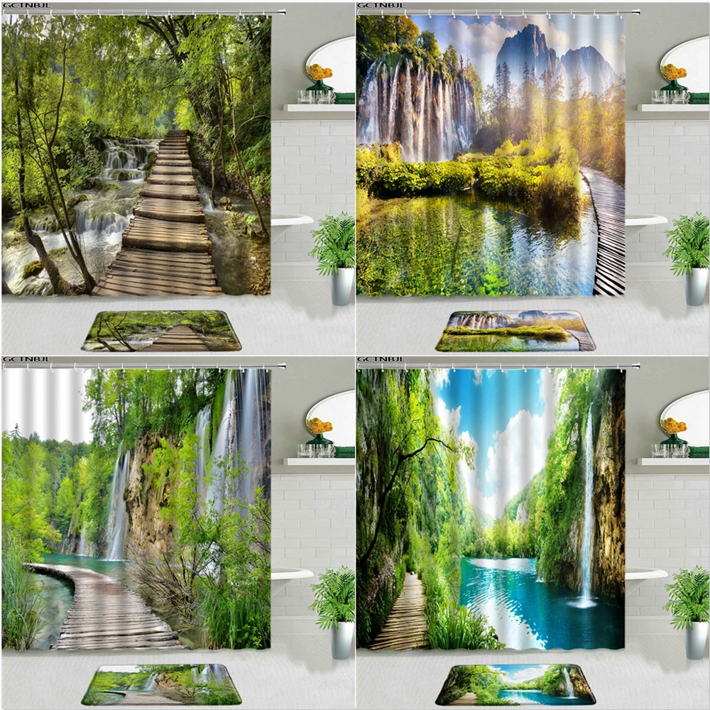 

Forest Waterfall Natural Scenery Shower Curtains Set Autumn Landscape Non-slip Mat Bathroom Decor Bathtub Screen Flannel Carpet