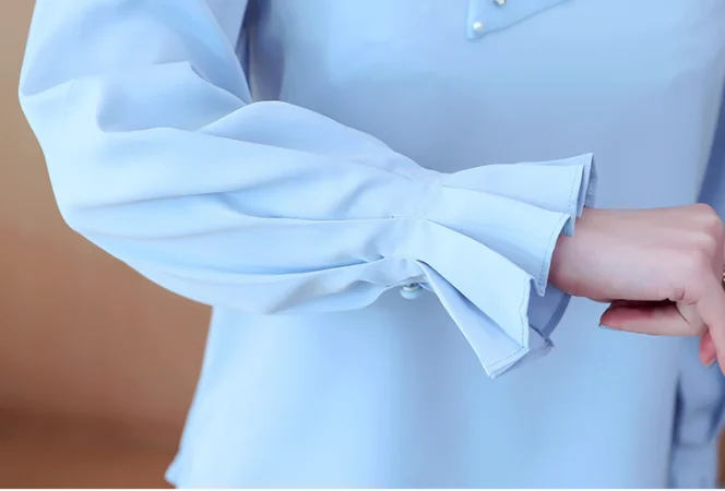 

Spring Autumn New Bow-knot Chiffon shirt Long-sleeved Beaded Tops Korean fashion Women blouse Blusa