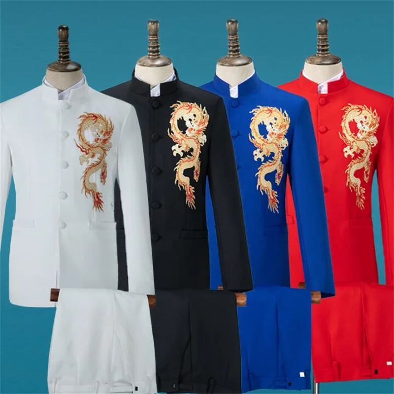 

Blazer men Chinese tunic suit set with pants mens wedding suits costume singer black red white blue stage clothing formal dress
