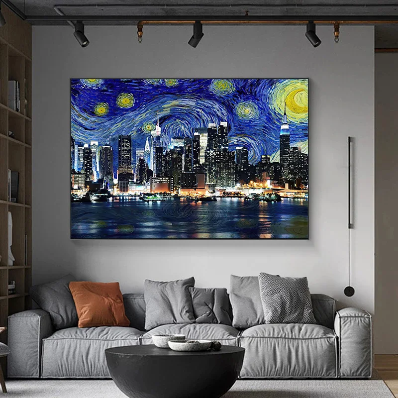 Картина на холсте звездная ночь здание пейзаж плакаты и принты абстрактные