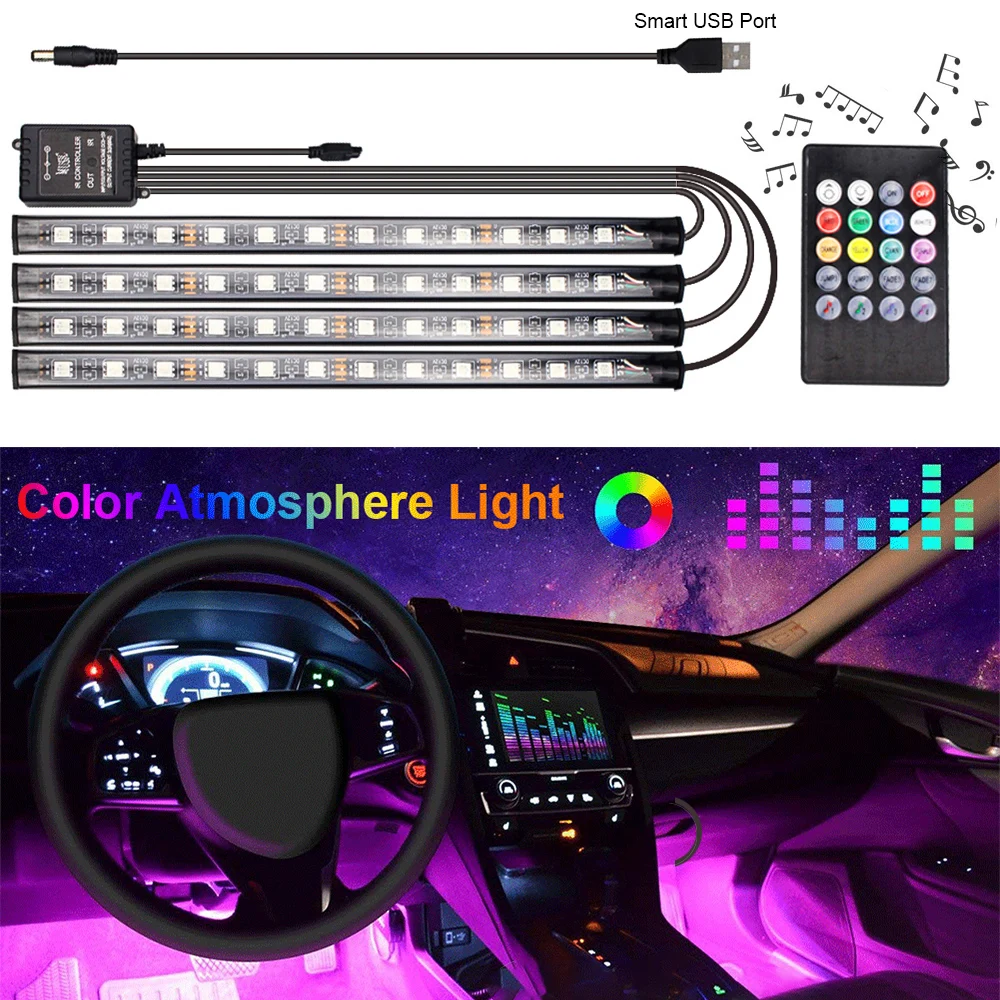 

4pcs 48 LED DC 5V Multicolor Music Car Interior Light LED Under Dash Lighting Kit with Sound Active Function Wireless Remote