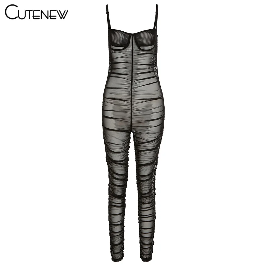 

Cutenew Y2K Sexy Mesh Camis Jumpsuit Women 2021 Summer Solid Sleeveless Pleated Overall Female Skinny Party Clubwear One Piece