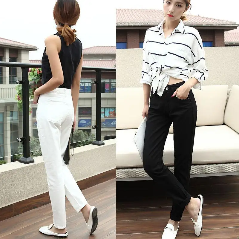 

White jeans women spring and autumn loose Korean Harajuku high waist slim straight nine-point Harlan pants