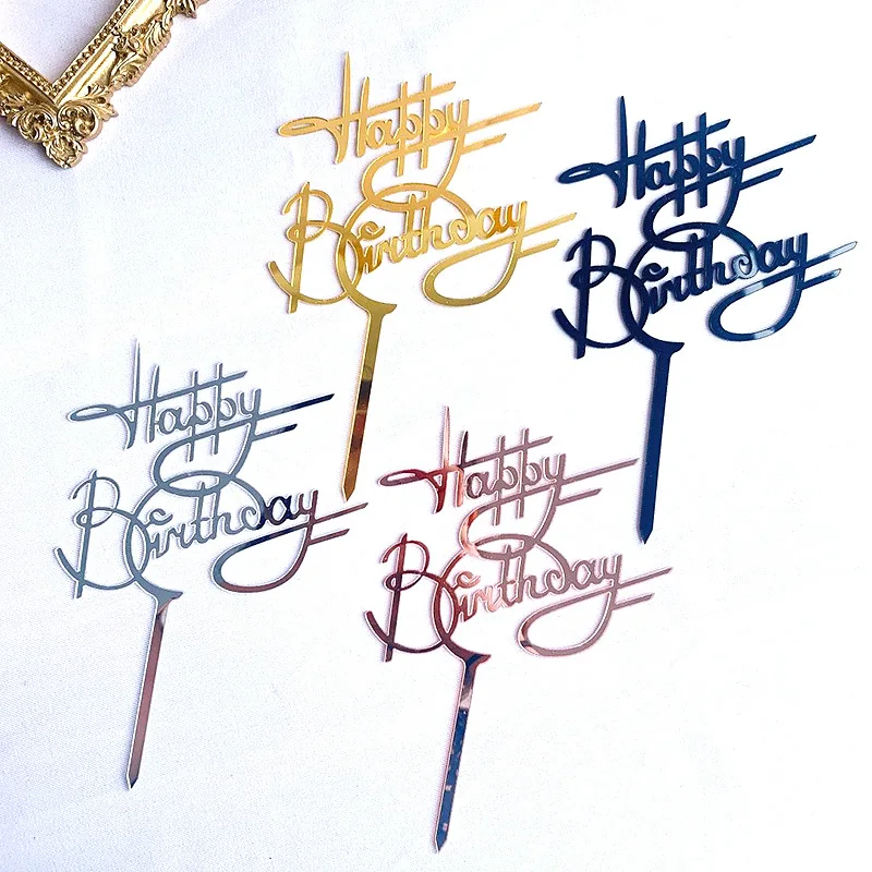 

New Happy Birthday Cake Topper Gold Silver Acrylic Cake Topper For Birthday Party Cake Decorations Promotional Items Hot Sale