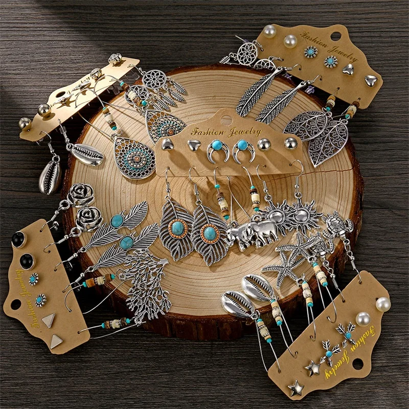 

VKME Boho Ethnic Silver Color Earrings Set For Women Vintage Wood Tassel Dangle Earring 2020 New Fashion Earrings Jewelry