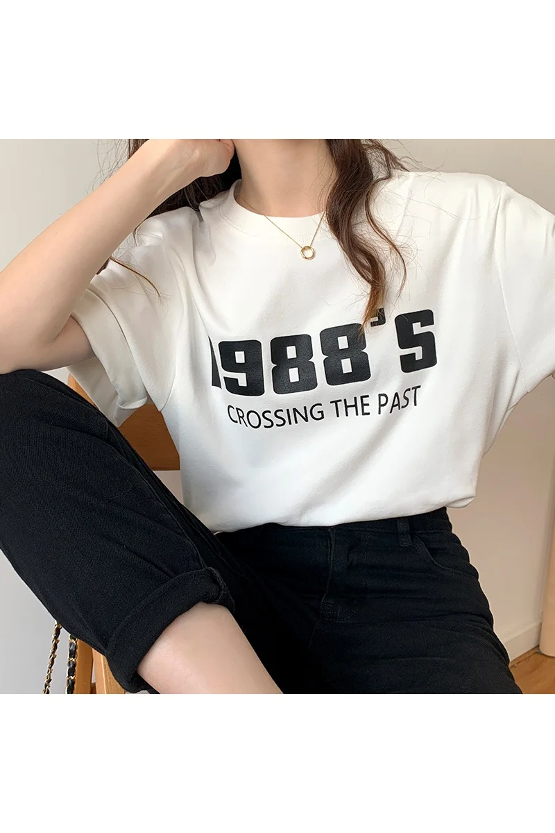 

Houthion Cotton Loose Plus Size Women T-shirt 2021 Short Sleeve Letter Printing O-neck T Shirt Summer New Casual Tshirt Fashion