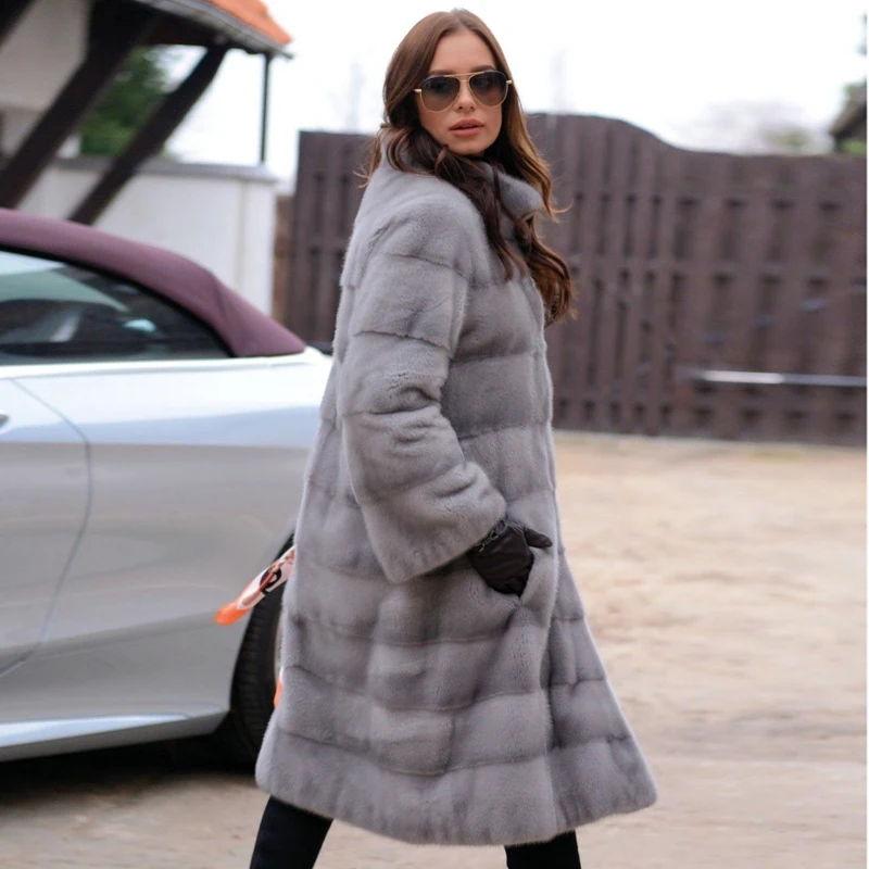 Luxury 100cm Long Mink Fur Coat Stand Collar High Quality Natural Full Pelt Mink Fur Jacket For Women Winter Overcoats Plus Size