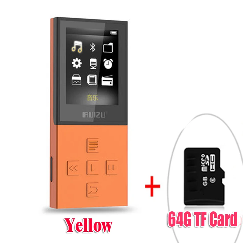 YellowWith64GBTFcard RUIZU X18 Bluetooth спортивные MP3 плеер с 8 г дой-Пак playing130Hours высокого качества без потерь Регистраторы FM для говорить - Цвет: YellowWith64GBTFcard