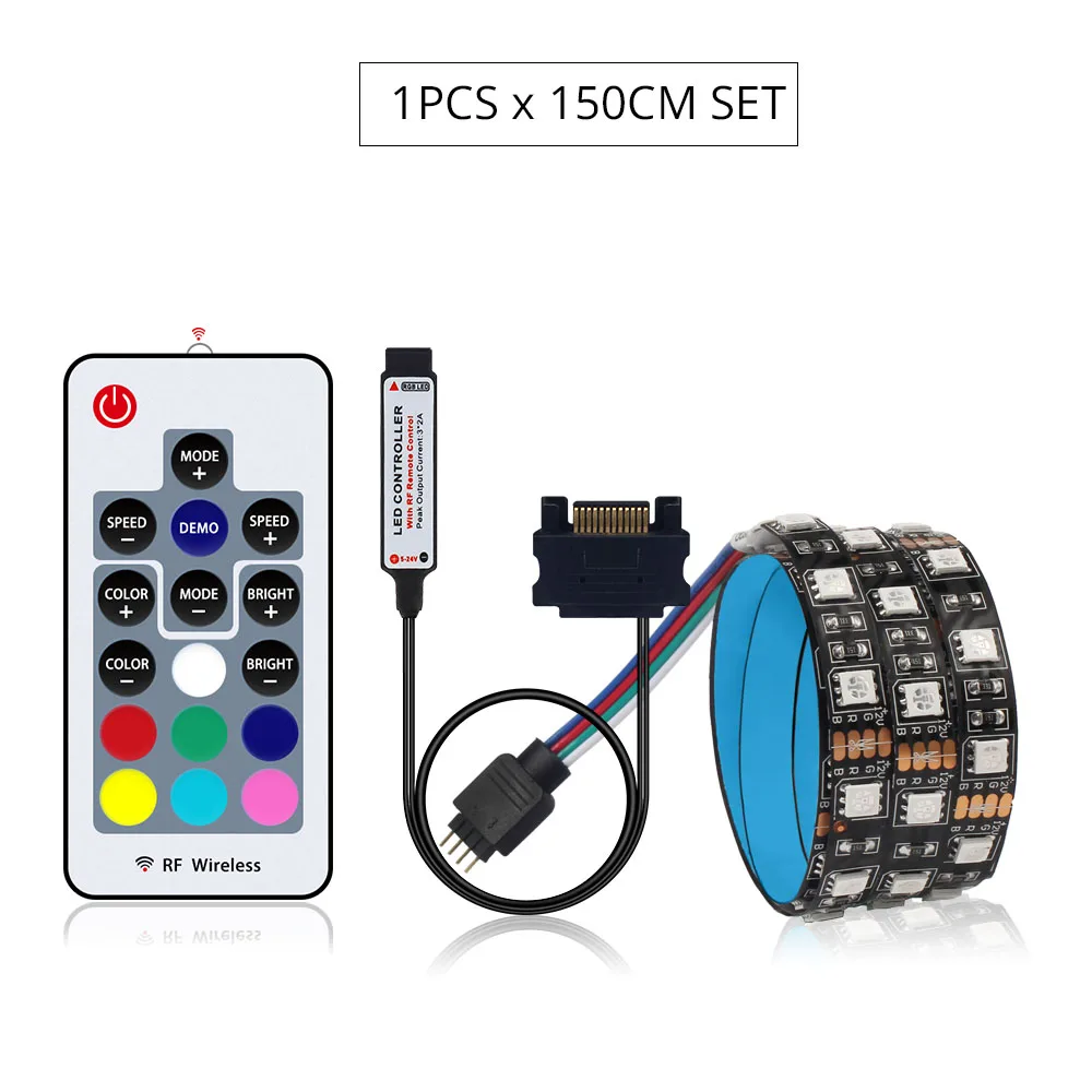 DC 12 В RGB 5050 Светодиодная лента для Светодиодный чехол для ПК компьютера SATA rgb лента 1 м 2 м, 17Key RF SATA светодиодный контроллер гибкий светильник - Испускаемый цвет: 1pcs x 150CM SET