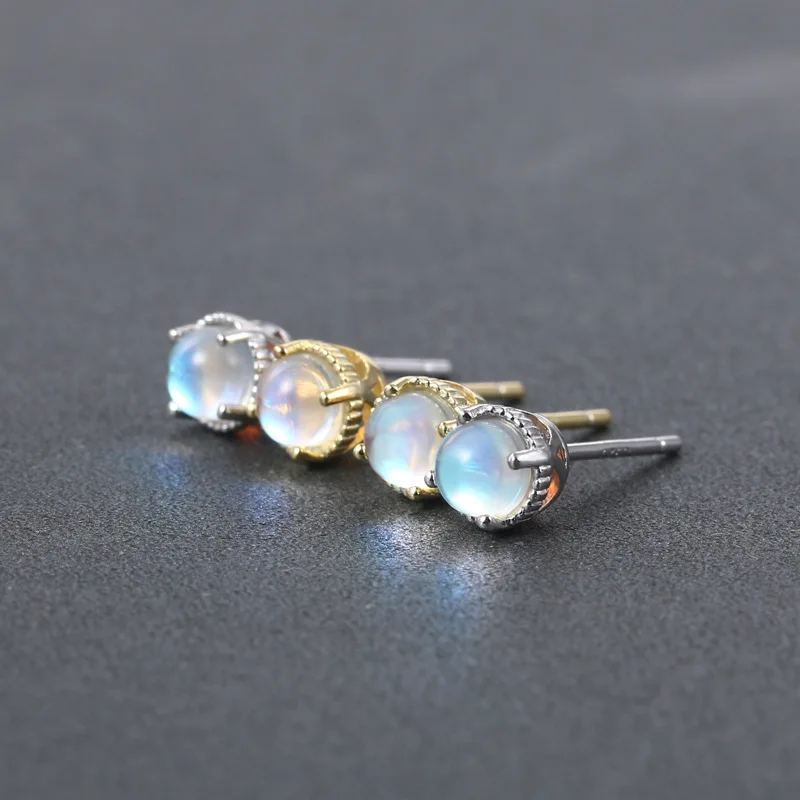 

925 Sterling Silver Fashion Moonstone 4 Prong Crown Design Stud Earrings for Women Fine jewelry Charm crystal gem earrings