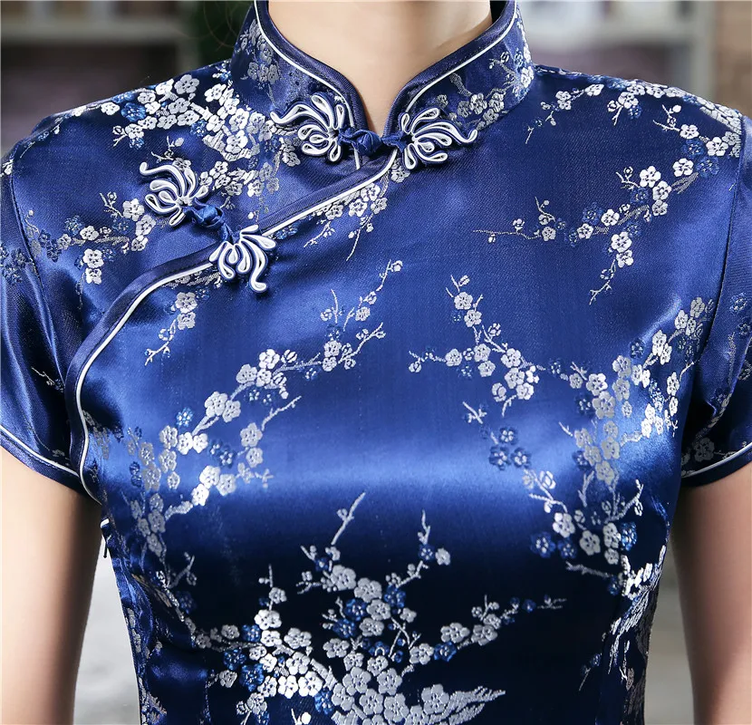 

Exquisite Women Sexy Mini Qipao Vintage Classic Navy Balue Cheongsam Traditional Chinese Slim Satin Vestidos Dress Plus 5xl 6xl