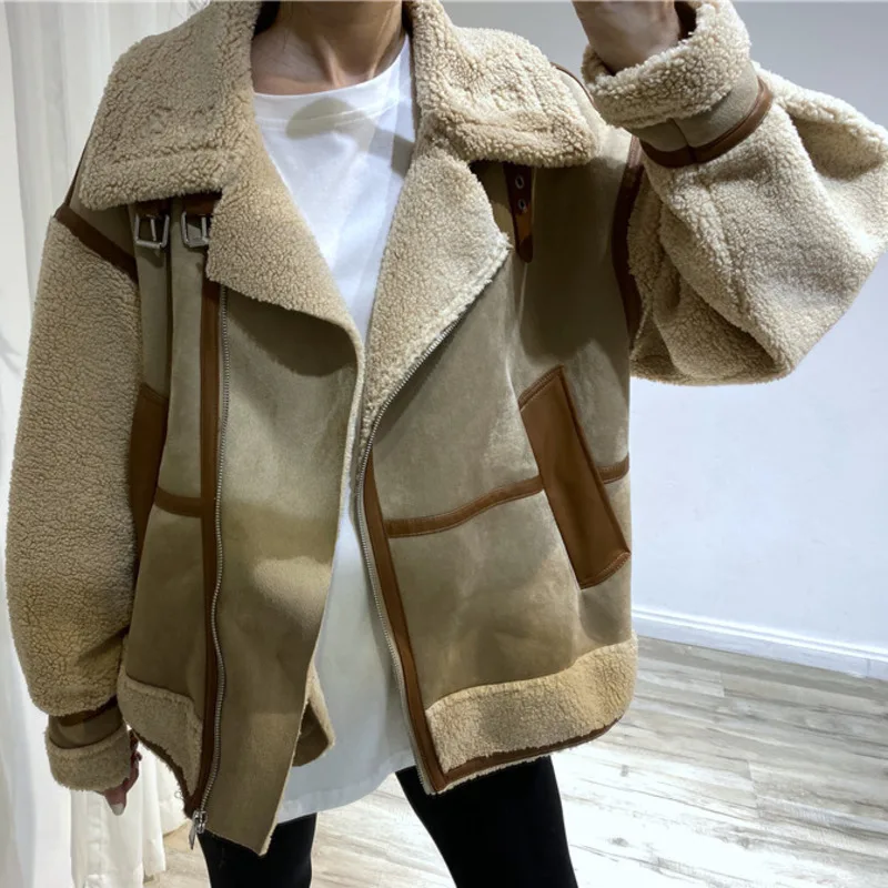 New Winter Women Thick Vintage Splice Suede Jacket Coat Loose Warm Lambswool Biker Outwear Female Oversize Faux Leather Overcoat