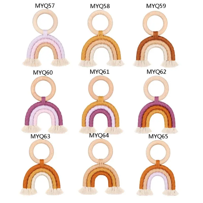 

Rainbow Teething Toys Safe Organic Wooden Ring Baby Wood Teether Nursing Toys
