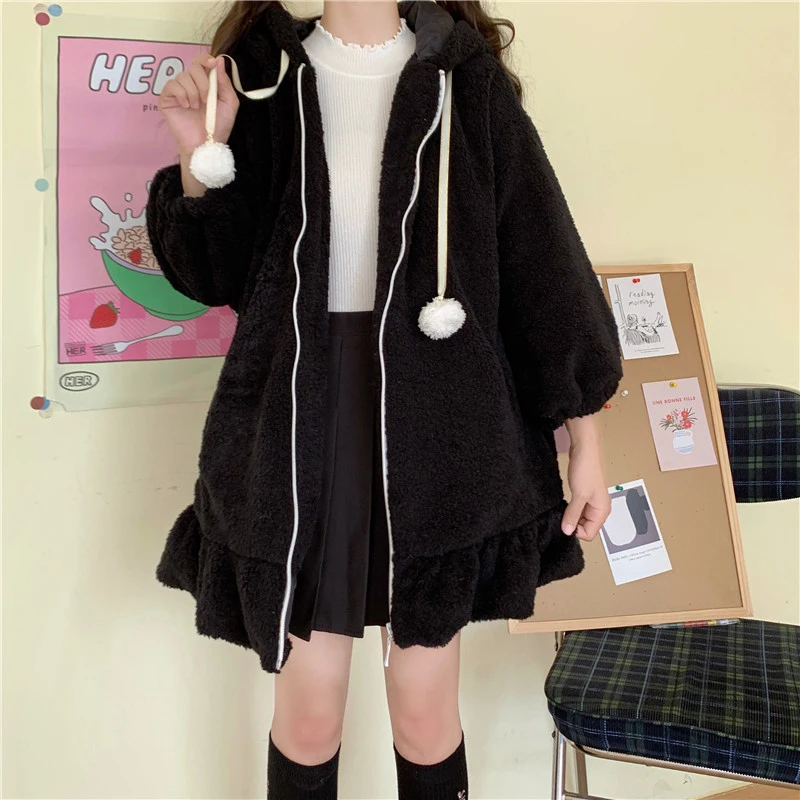 Zip Up Jacket Jacket Women Lolita Teddy Rabbit Ears Hooded Soft Girl Ruffle Faux Wool Coat Lambswool Plus Cotton Thick Outer New