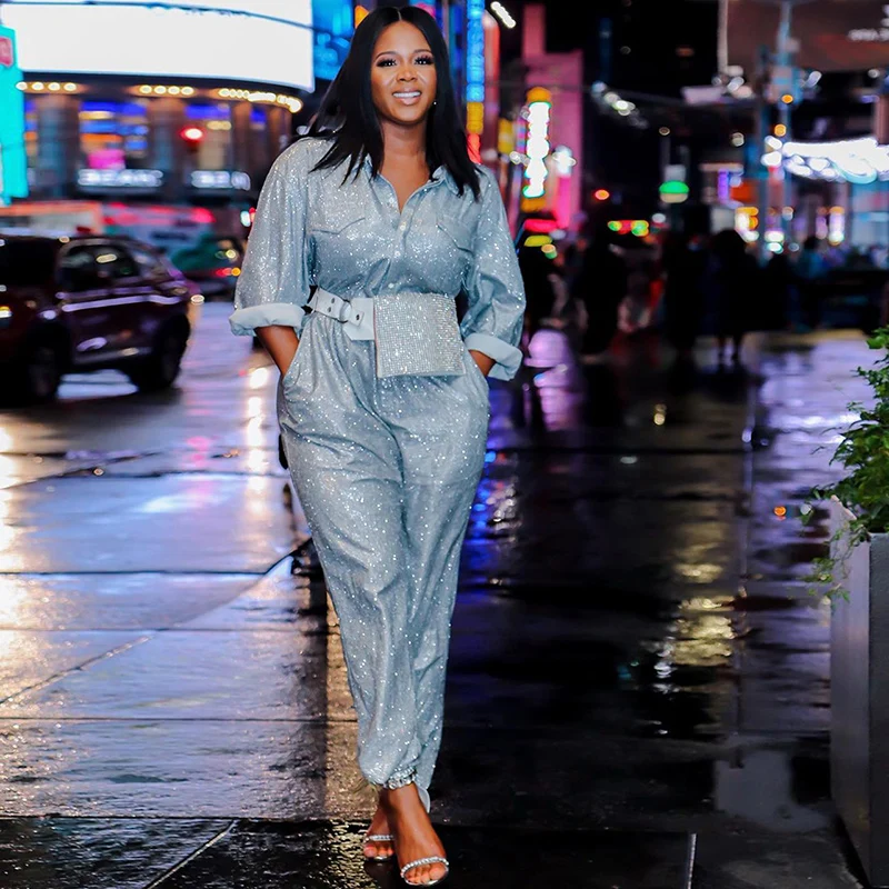 

Long Sleeve Cargo Jumpsuit Women Jogger Pants Shiny Sequin Romper Turtleneck Single Breasted Button Streetwear Stylish Autumn