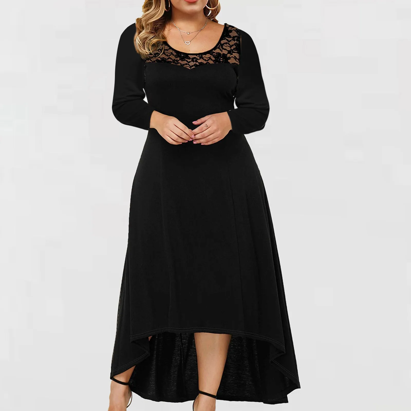 2021 High Waist Lace Dress Women Plus Size Solid Round Neck Long Sleeve Irregular Stitching Bodycon Formal | Женская одежда