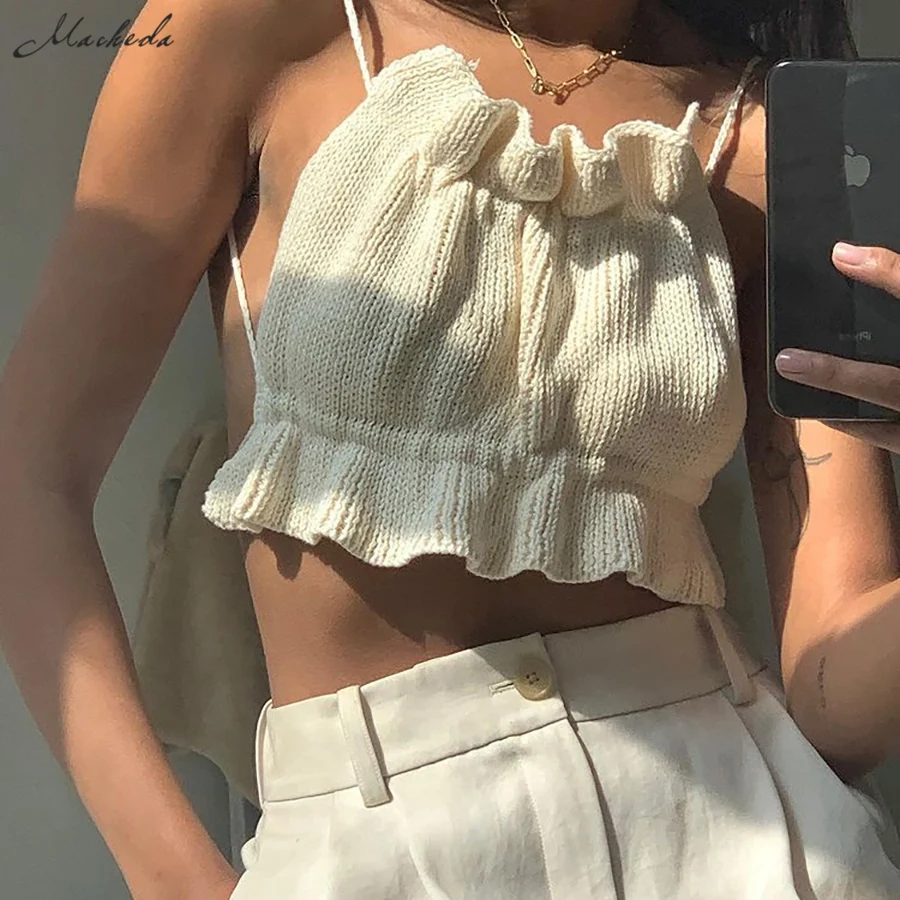 

Macheda Summer Solid Sexy Knitting Cropped Top Women Sleeveless Backless Fashion Clothing Lady Vacation Casual Tank Top 2021 New