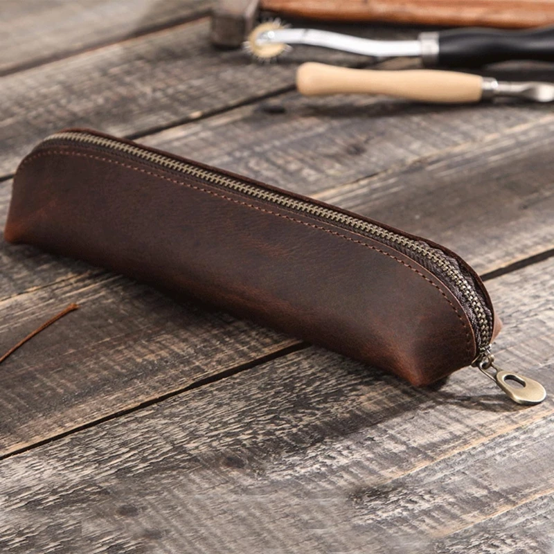 

Retro Cowhide Leather Zipper Pencil Case Business Kids School Office Pen Bag Pouch Stationery