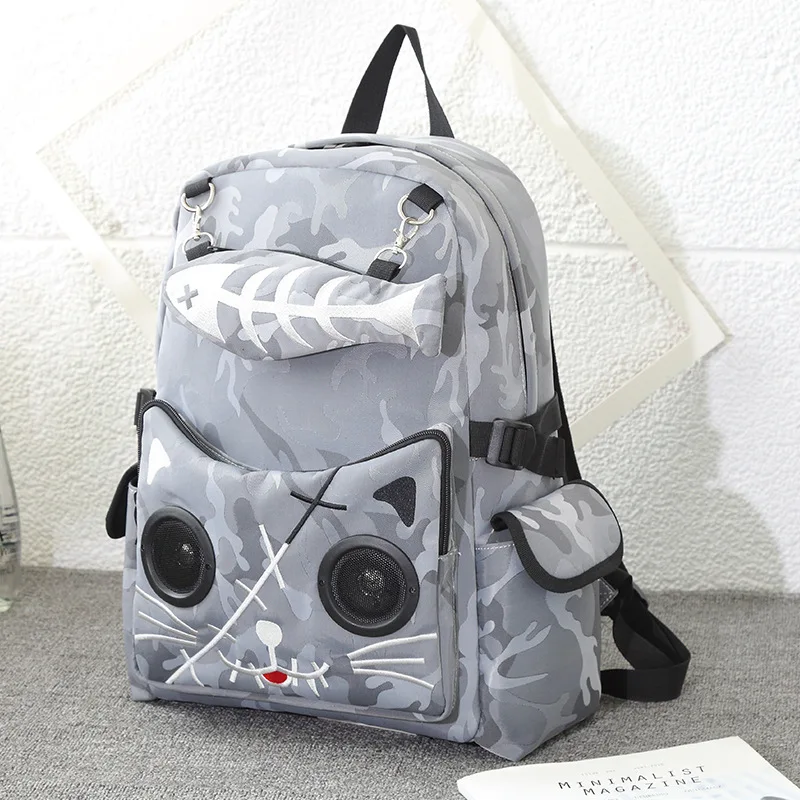 Black Speaker Rucksack Backpack School Bag Waterproof with Bluetooth Audio Gothic Cat Camouflage Large Capacity Unisex | Багаж и сумки
