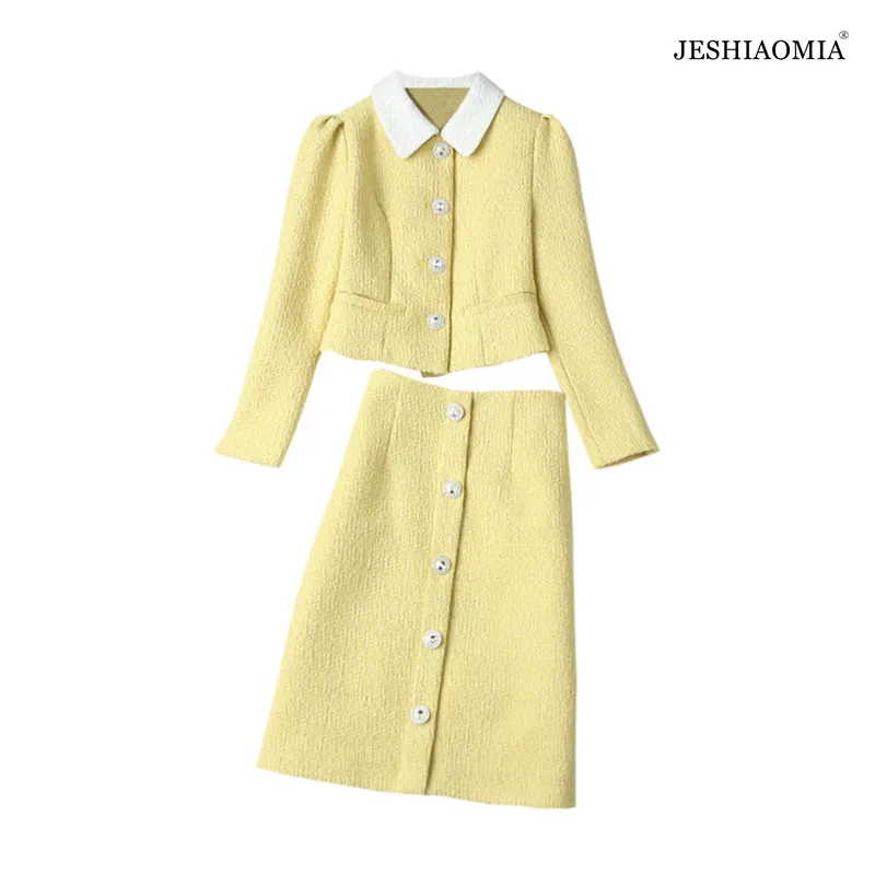 

Осенний однобортный твидовый Блейзер и юбка JESHIAOMIA с воротником-стойкой, 2021