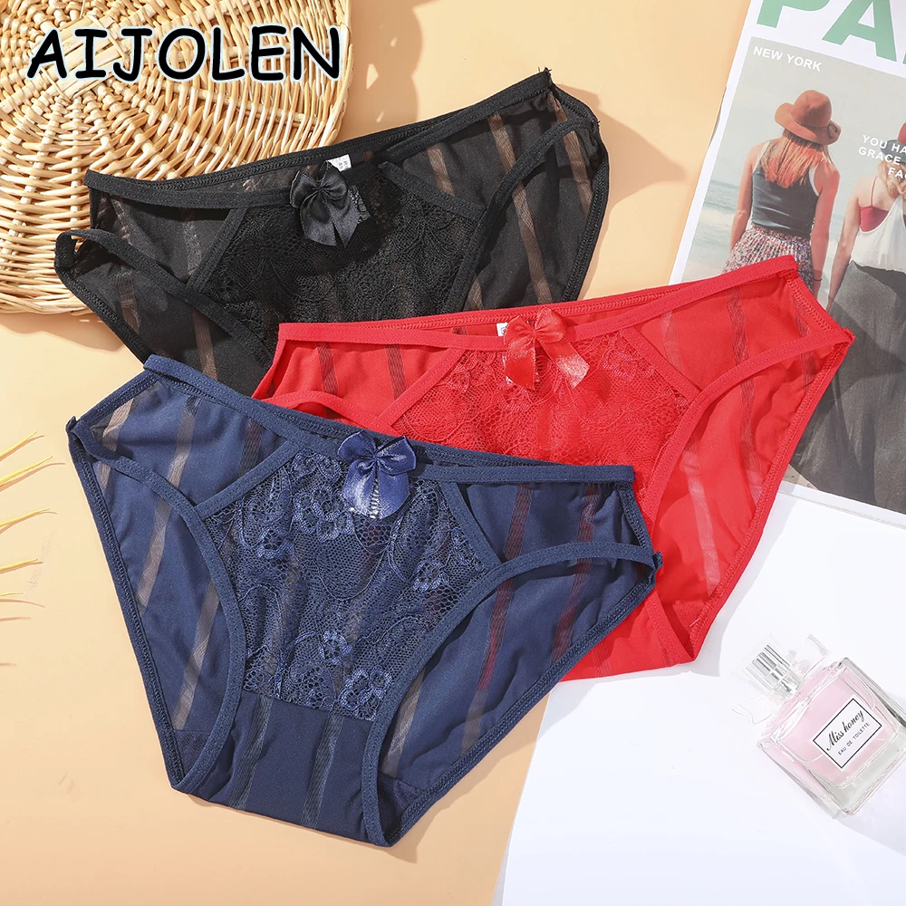 

AIJOLEN Bow knot Net Yarn See-through Panties Solid Color Lace Stitching Ladies Underwear Cute Sexy Briefs Underpants for Women