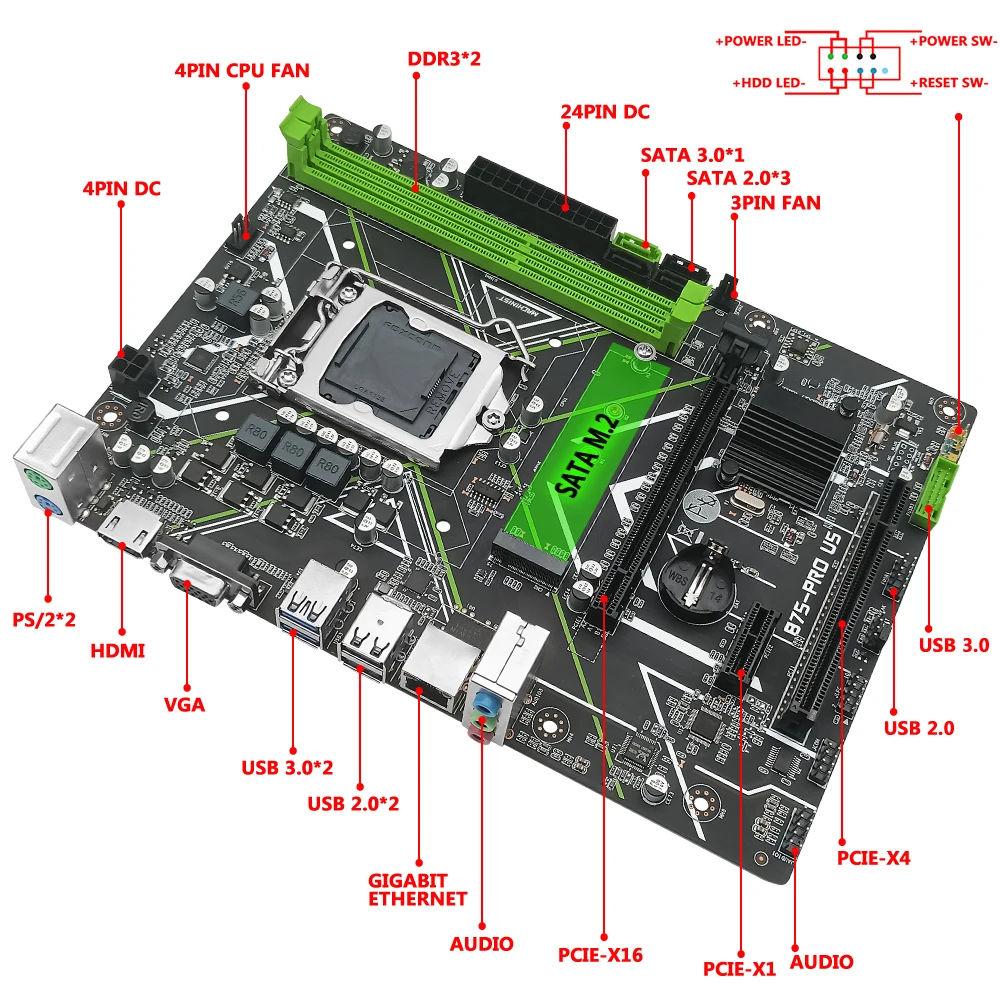 machinist b75 motherboard lga 1155 set kit intel core i3 3240 cpu processor ddr3 8gb 24g ram memory with vga hdmi b75 pro u5 free global shipping