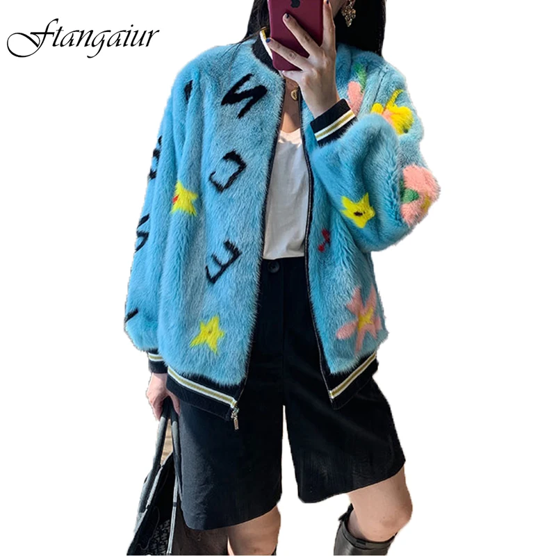 

Ftangaiur New Winter Mink Fur Coat Print Flower O-Neck Baseball Style Long Sleeve Slim Causal Women Short Real Mink Fur Coats