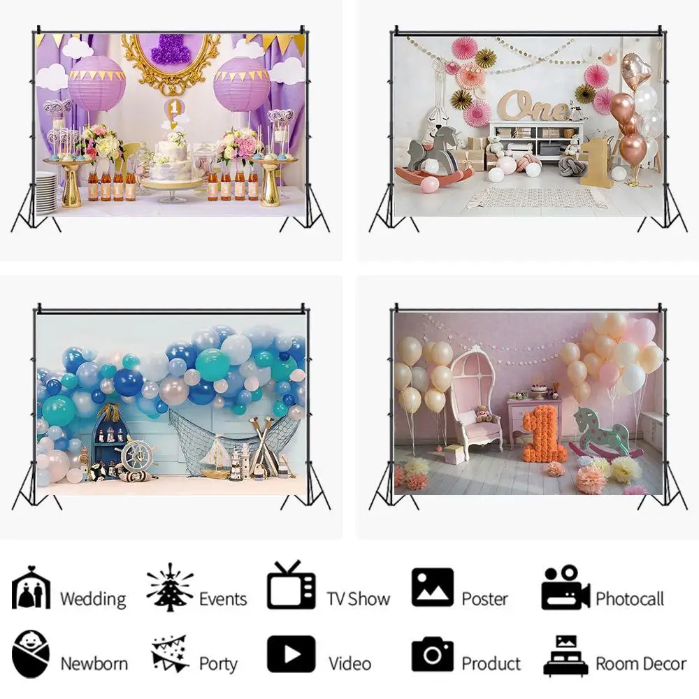 

Красивый Виниловый фон для детской фотосъемки с изображением воздушного шара торта на первый день рождения
