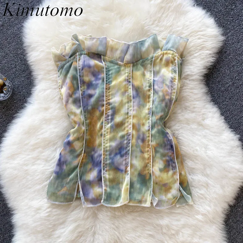 

Kimutomo Sweet Fungus Camis Women Korea Ins Fashion Early Autumn Irregular Tie Dye Slim Short Tank Top Outwear Casual Femme