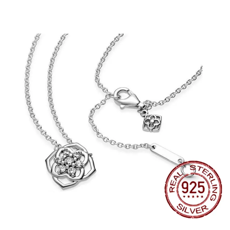 

New Hot Sale 925 Sterling Silver Flower-Shaped Zircon Pendant Necklace, Ladies Gift 45 cm Wave Chain Collar