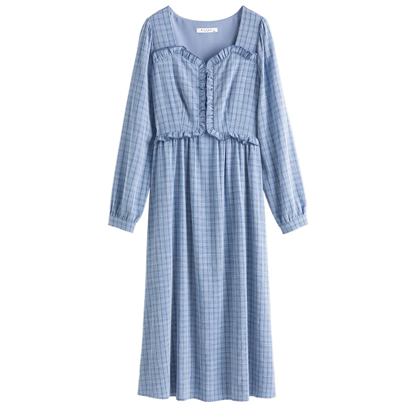

DUSHU Plus Size Women's French Blue Plaid Dress Spring 2021 New Bellflower Skirt Mid-waist Retro Dress For Women Sexy